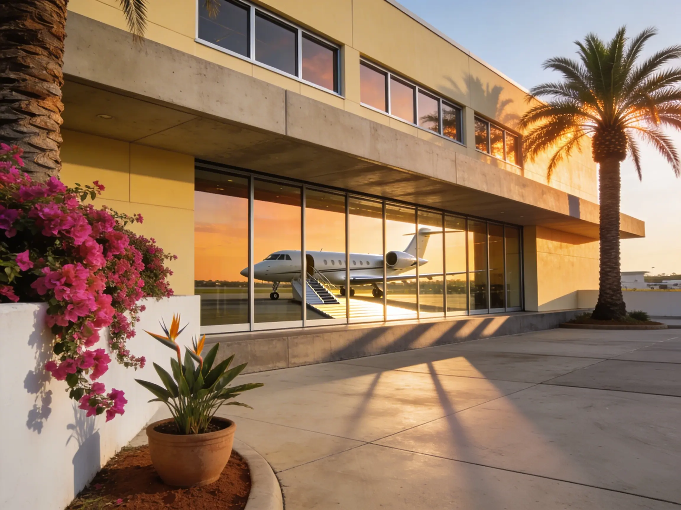 Modern FBO terminal at Fort Lauderdale Executive Airport with tropical landscaping