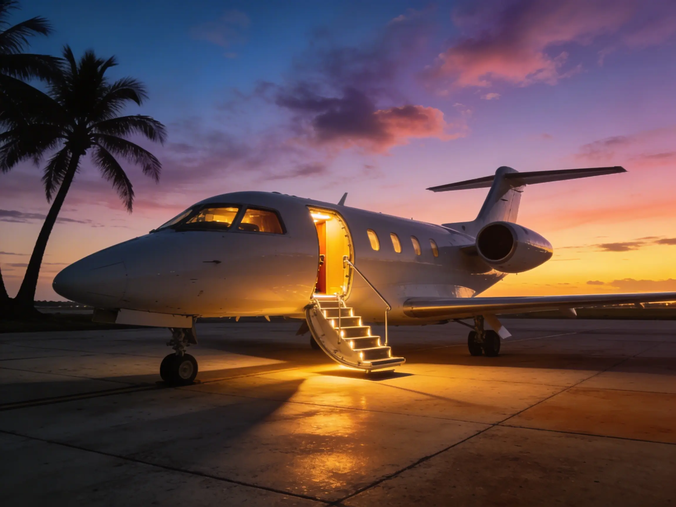 Private jet with open door at dawn on the Miami ramp — ready for departure